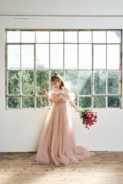 フリル オフショルダー チュールドレス ピンクブラウン(W337PB)