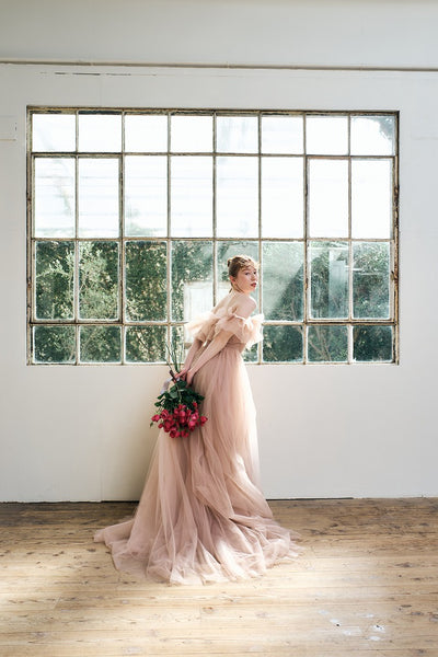 フリル オフショルダー チュールドレス ピンクブラウン(W337PB)