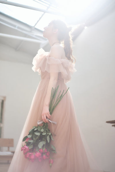 フリル オフショルダー チュールドレス ピンクブラウン(W337PB)