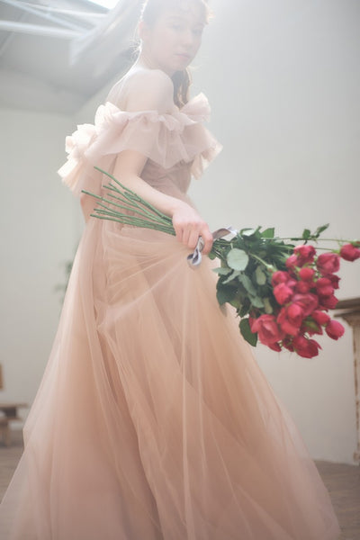 フリル オフショルダー チュールドレス ピンクブラウン(W337PB)