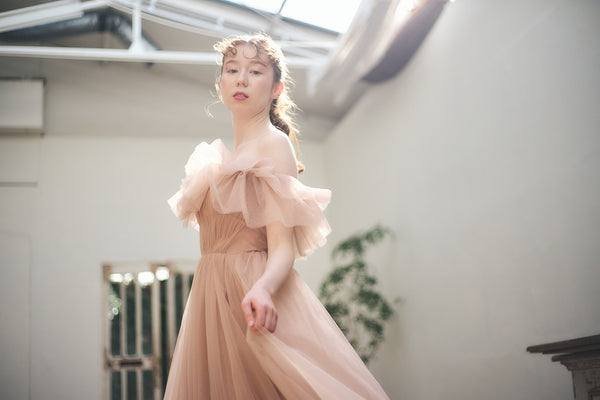 フリル オフショルダー チュールドレス ピンクブラウン(W337PB)