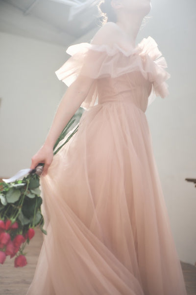 フリル オフショルダー チュールドレス ピンクブラウン(W337PB)