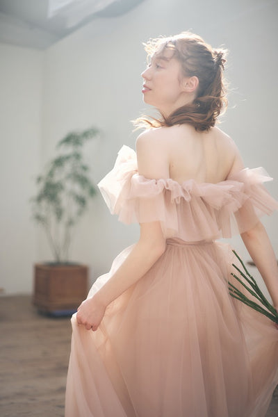 フリル オフショルダー チュールドレス ピンクブラウン(W337PB)