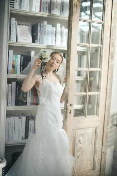 フレンチスリーブ 刺繍 マーメイドドレス(W336)