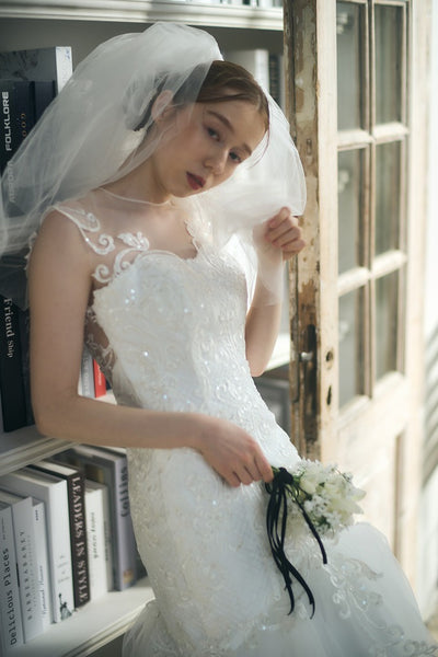 フレンチスリーブ 刺繍 マーメイドドレス(W336)