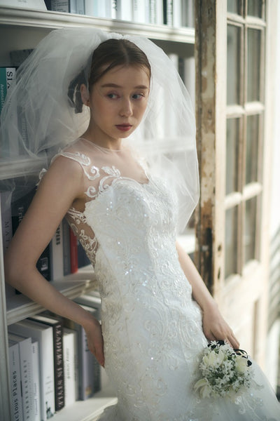 フレンチスリーブ 刺繍 マーメイドドレス(W336)