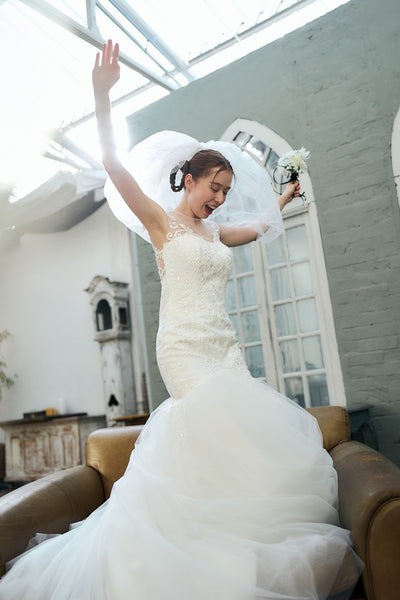 フレンチスリーブ 刺繍 マーメイドドレス(W336)