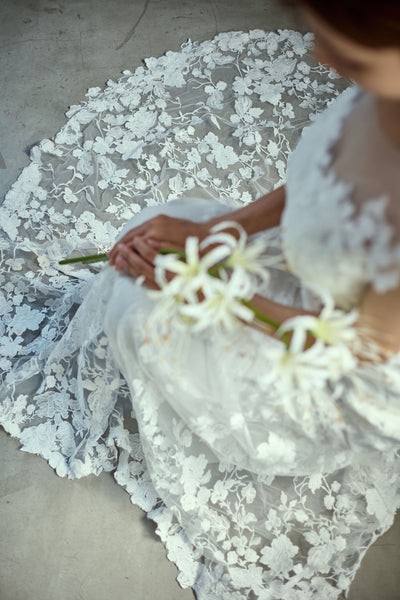 刺繍レース フレンチスリーブ バックV ソフトマーメイドドレス(W284)