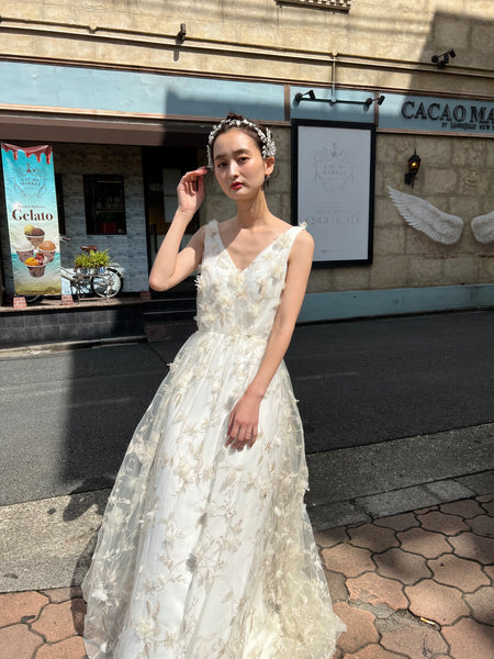 フラワーレース Vネック ノースリーブドレス(W262BE)