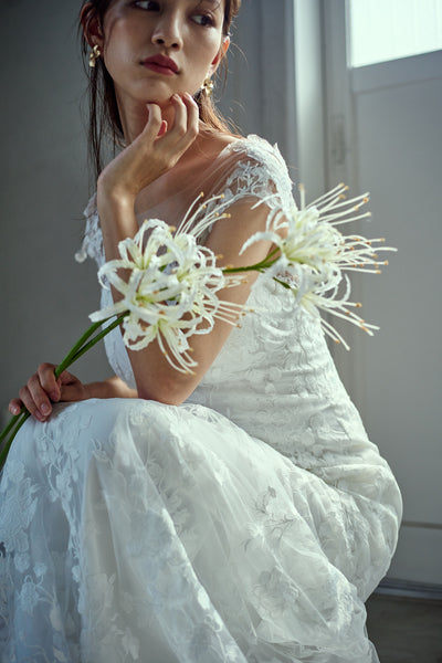 刺繍レース フレンチスリーブ バックV ソフトマーメイドドレス(W284)