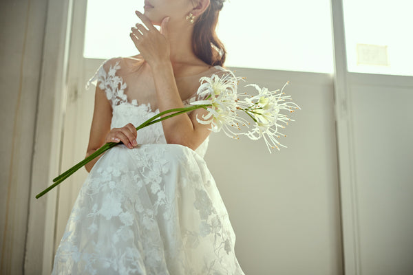 刺繍レース フレンチスリーブ バックV ソフトマーメイドドレス(W284)