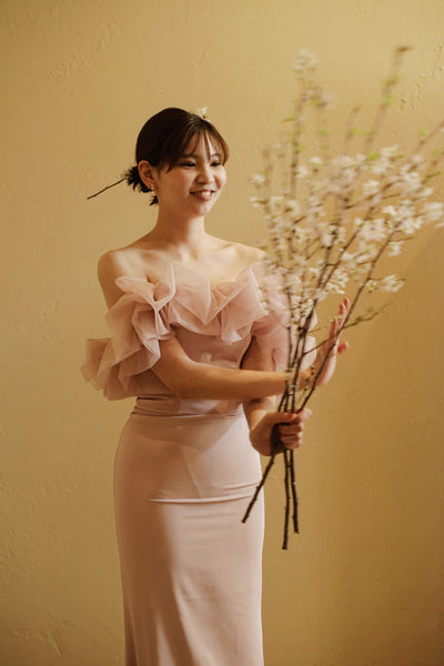 チュールショルダー ソフトマーメイドドレス ダスティピンク(W341DP)