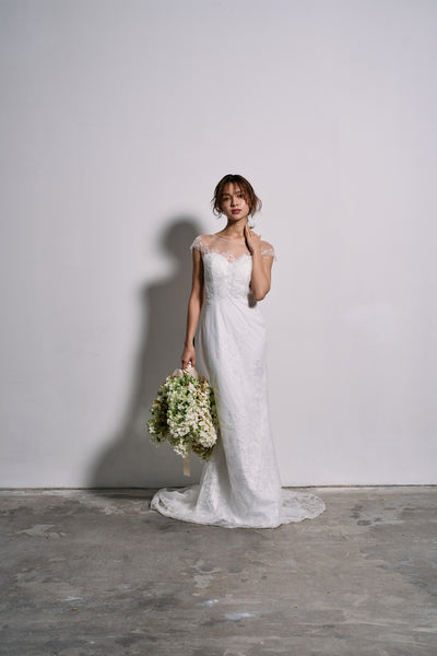 リーフ刺繍 フレンチスリーブ ソフトマーメイドドレス(W317)