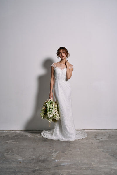 リーフ刺繍 フレンチスリーブ ソフトマーメイドドレス(W317)