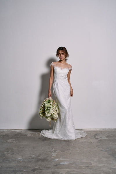 リーフ刺繍 フレンチスリーブ ソフトマーメイドドレス(W317)