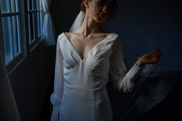 ボリューム袖 Vネック シフォン マーメイドドレス(W203)