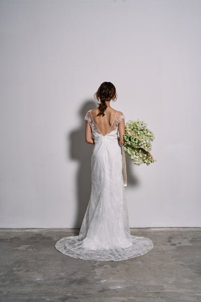 リーフ刺繍 フレンチスリーブ ソフトマーメイドドレス(W317)