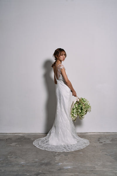 リーフ刺繍 フレンチスリーブ ソフトマーメイドドレス(W317)