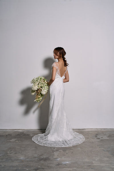 リーフ刺繍 フレンチスリーブ ソフトマーメイドドレス(W317)