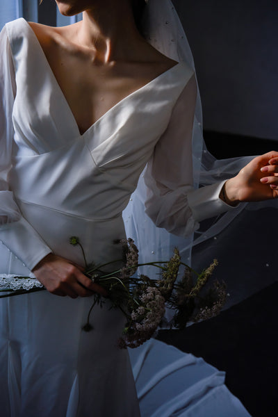 ボリューム袖 Vネック シフォン マーメイドドレス(W203)