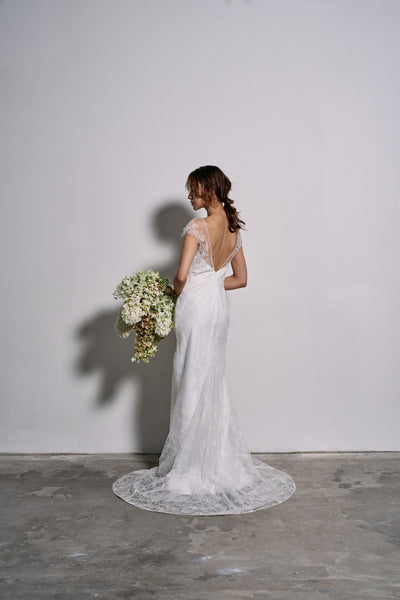 リーフ刺繍 フレンチスリーブ ソフトマーメイドドレス(W317)