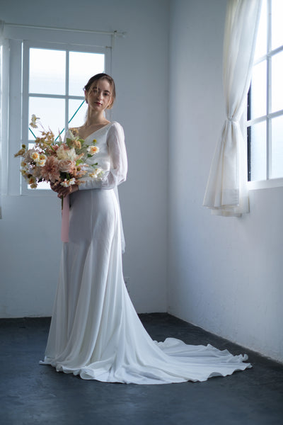 ボリューム袖 Vネック シフォン マーメイドドレス(W203)