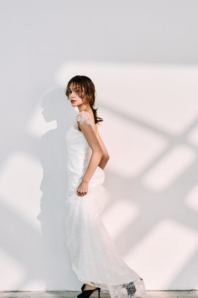 リーフ刺繍 フレンチスリーブ ソフトマーメイドドレス(W317)