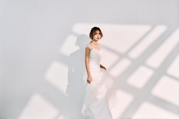 リーフ刺繍 フレンチスリーブ ソフトマーメイドドレス(W317)