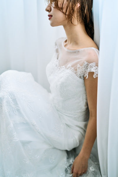 リーフ刺繍 フレンチスリーブ ソフトマーメイドドレス(W317)