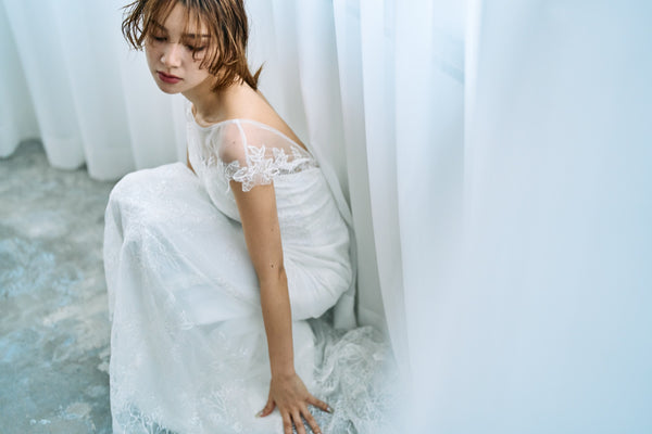 リーフ刺繍 フレンチスリーブ ソフトマーメイドドレス(W317)