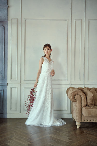 リーフ刺繍 Vネック スレンダードレス(W275)