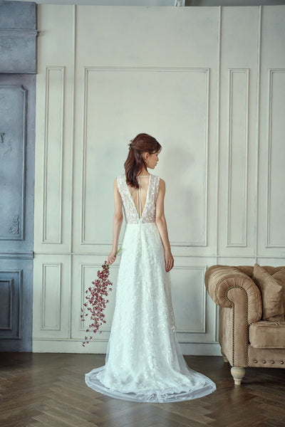 リーフ刺繍 Vネック スレンダードレス(W275)