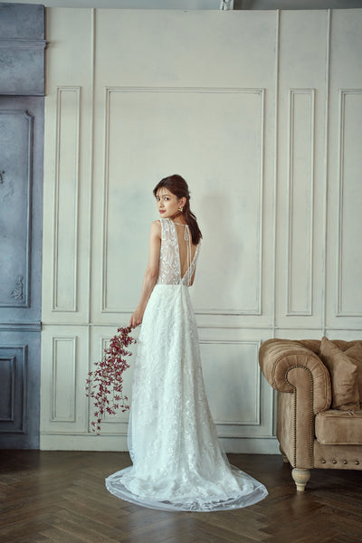 リーフ刺繍 Vネック スレンダードレス(W275)