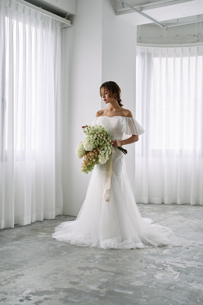 チュール バックフリル オフショルダードレス ホワイト(W325WH)