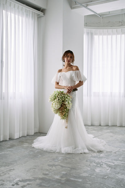 チュール バックフリル オフショルダードレス ホワイト(W325WH)