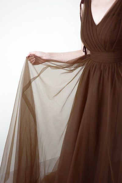 リボンショルダー Vネック ブラウン チュールドレス(W271)