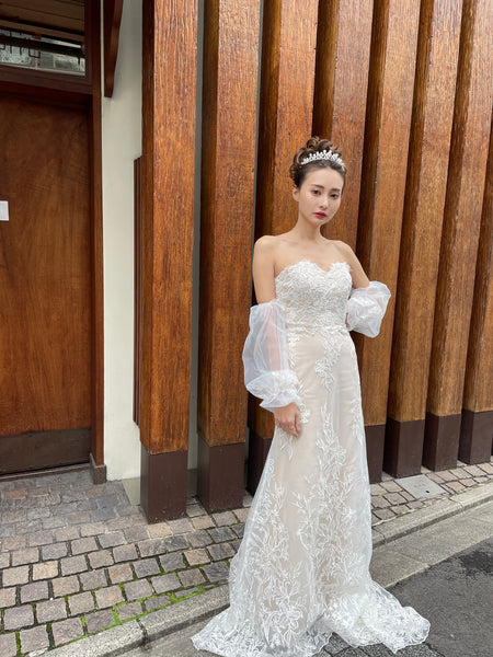 ボリューム袖 ベアトップ 総レースドレス(W251)