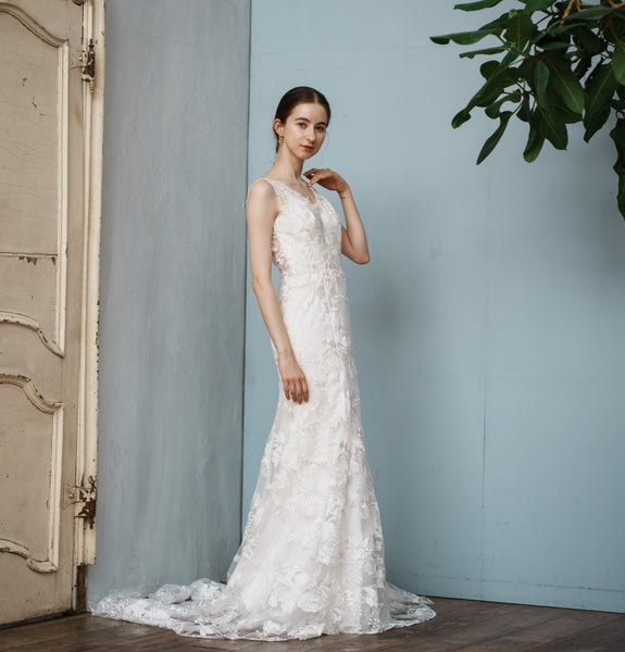 刺繍 総レース バックV ソフトマーメイドドレス(W255)