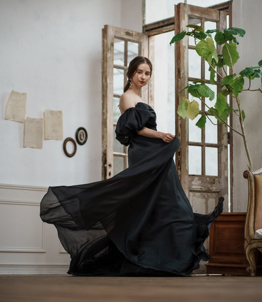 オーガンジーサテン パフスリーブドレス ブラック(W260BK)