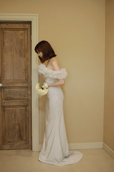 チュールショルダー ソフトマーメイドドレス ブルーグレー(W341BG)