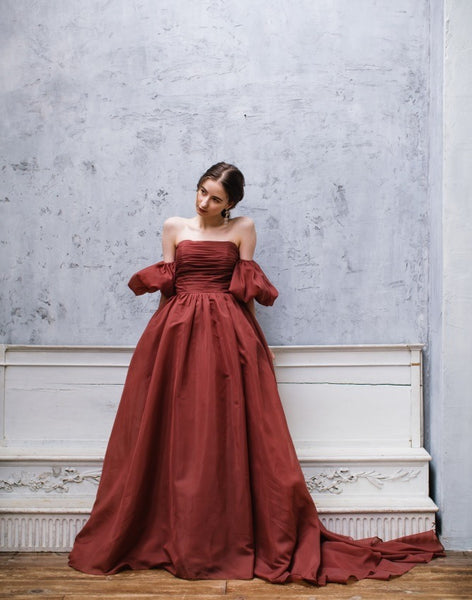 オーガンジーサテン パフスリーブドレス ボルドー(W260BO)