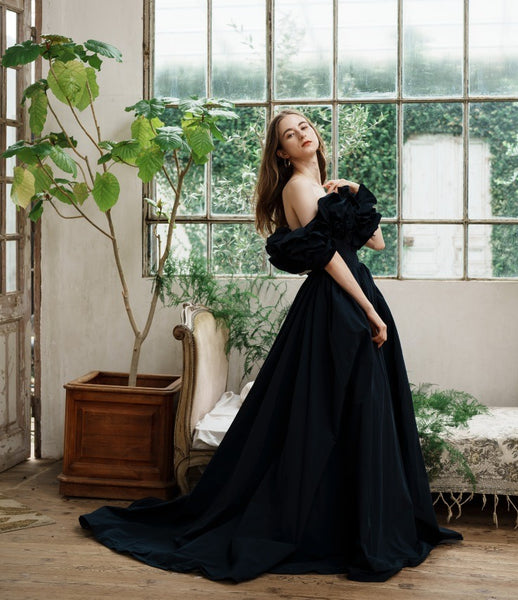 フリルショルダー タフタ ネイビードレス(W266)