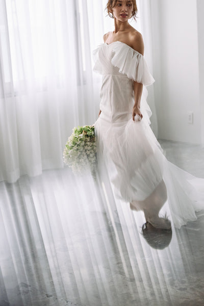 チュール バックフリル オフショルダードレス ホワイト(W325WH)