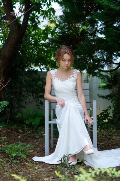 刺繍レース サテン ソフトマーメイドドレス(W224)