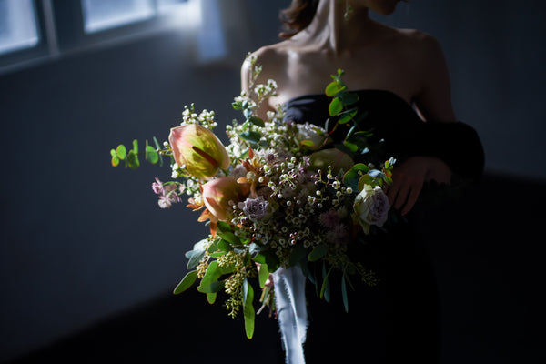 オフショルダー ボリューム袖 サテン ブラック ソフトマーメイドドレス(W225BK)