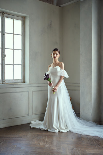 3way パフスリーブ バックトレーン ベアトップドレス(W282)