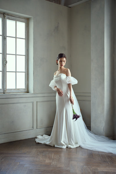 3way パフスリーブ バックトレーン ベアトップドレス(W282)