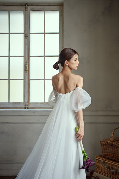 3way パフスリーブ バックトレーン ベアトップドレス(W282)