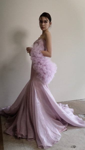 フリルスリーブ ベアトップ ソフトマーメイドドレス(W361)