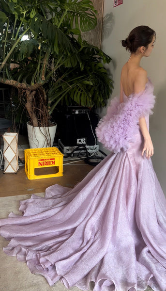 フリルスリーブ ベアトップ ソフトマーメイドドレス(W361)